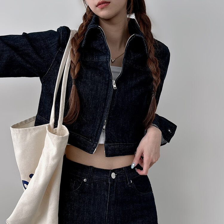 【SET着用可能】デニムセミクロップジャケット Hラインロングスカート NAVY