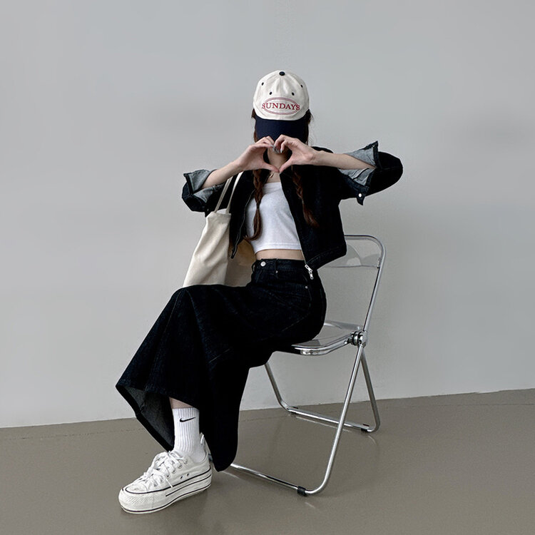 【SET着用可能】デニムセミクロップジャケット Hラインロングスカート NAVY