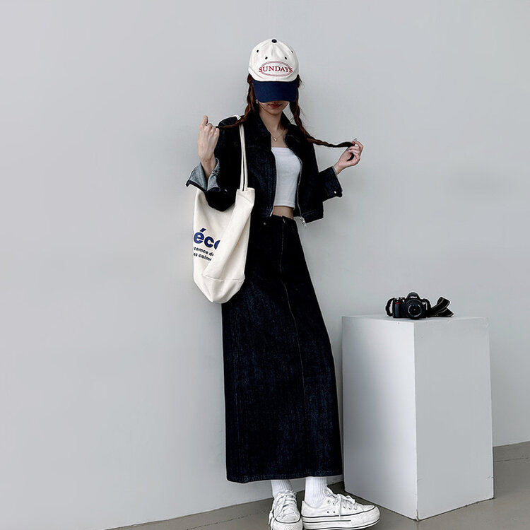 【SET着用可能】デニムセミクロップジャケット Hラインロングスカート NAVY