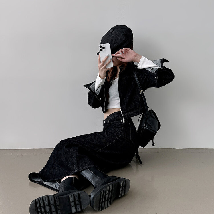 【SET着用可能】デニムセミクロップジャケット Hラインロングスカート BLACK DENIM