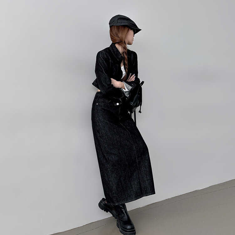 【SET着用可能】デニムセミクロップジャケット Hラインロングスカート BLACK DENIM