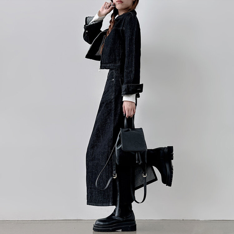 【SET着用可能】デニムセミクロップジャケット Hラインロングスカート BLACK DENIM
