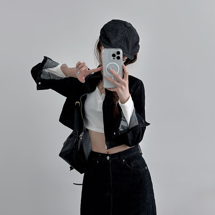 【SET着用可能】デニムセミクロップジャケット Hラインロングスカート BLACK DENIM