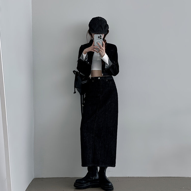【SET着用可能】デニムセミクロップジャケット Hラインロングスカート BLACK DENIM