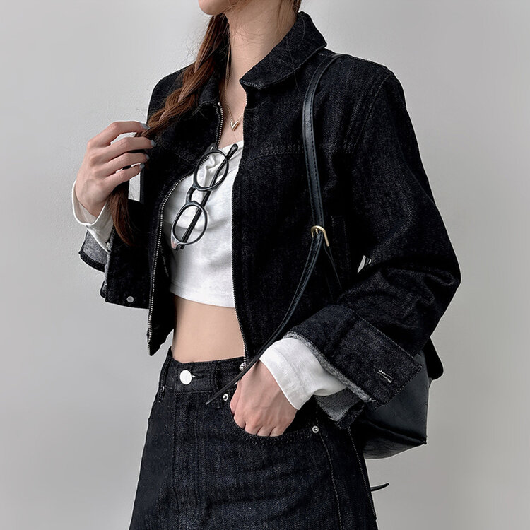 【SET着用可能】デニムセミクロップジャケット Hラインロングスカート BLACK DENIM