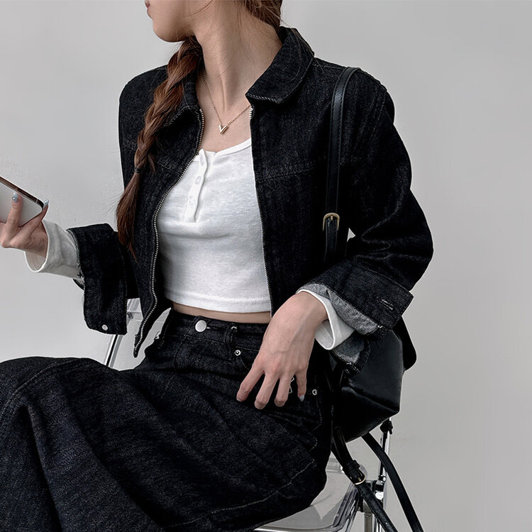 【SET着用可能】デニムセミクロップジャケット Hラインロングスカート BLACK DENIM