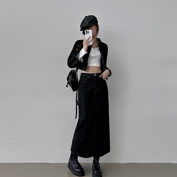 【SET着用可能】デニムセミクロップジャケット Hラインロングスカート BLACK DENIM