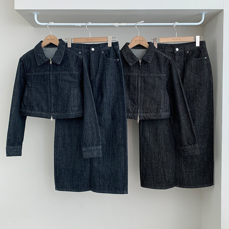 【SET着用可能】デニムセミクロップジャケット Hラインロングスカート