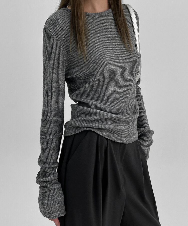 ニット ラウンドネックニットリブ長袖Tシャツ CHARCOAL