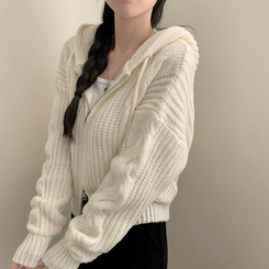 ケーブルニットクロップフードジップアップカーディガン IVORY