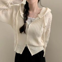 ケーブルニットクロップフードジップアップカーディガン IVORY