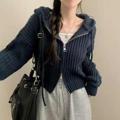 ケーブルニットクロップフードジップアップカーディガン DARK BLUE