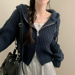 ケーブルニットクロップフードジップアップカーディガン DARK BLUE