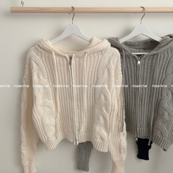 ケーブルニットクロップフードジップアップカーディガン