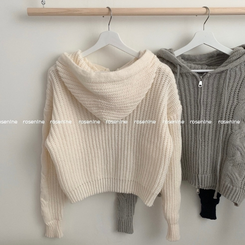 ケーブルニットクロップフードジップアップカーディガン