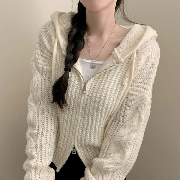 ケーブルニットクロップフードジップアップカーディガン IVORY