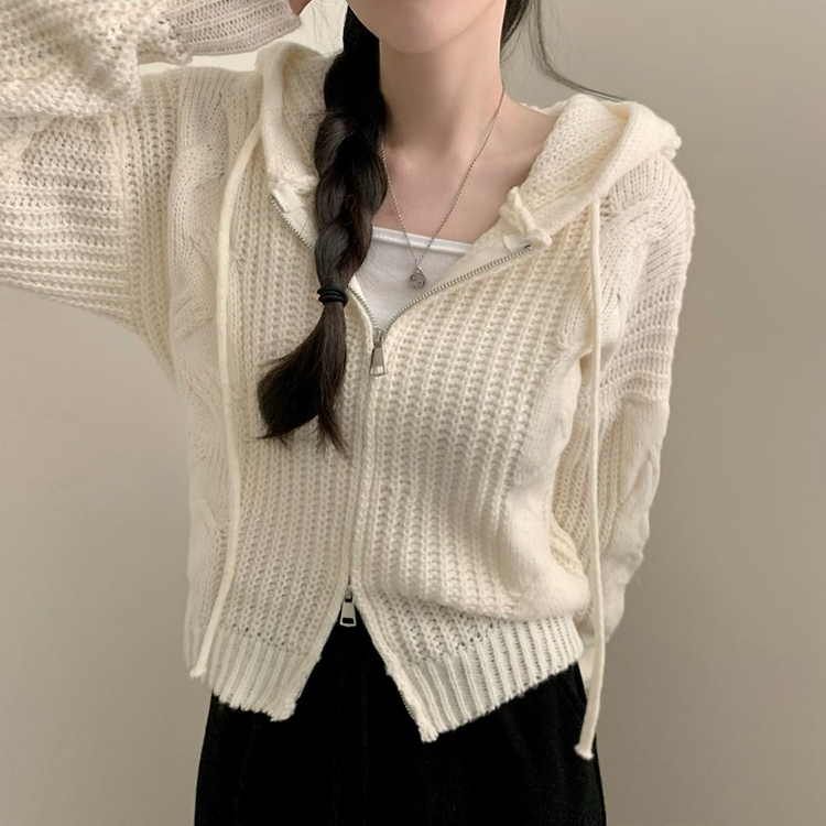 ケーブルニットクロップフードジップアップカーディガン IVORY