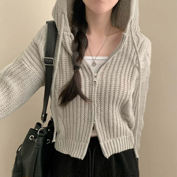 ケーブルニットクロップフードジップアップカーディガン GRAY