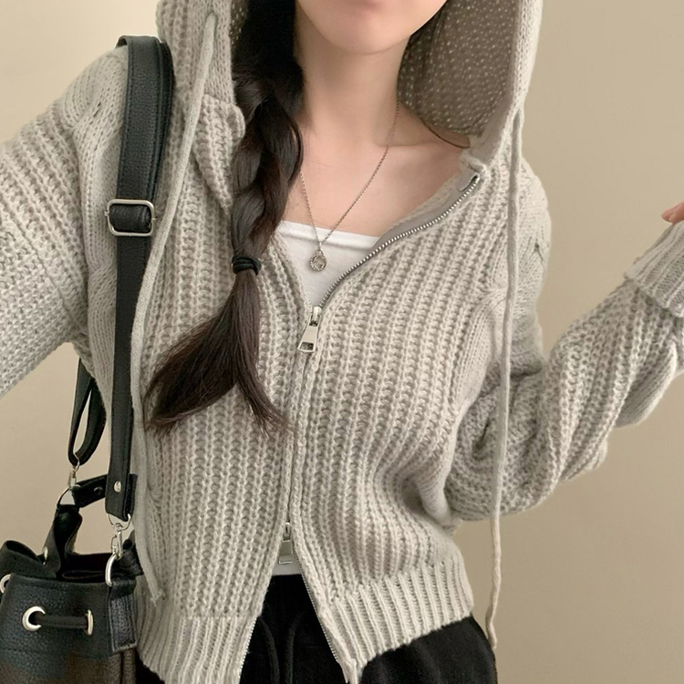 ケーブルニットクロップフードジップアップカーディガン GRAY