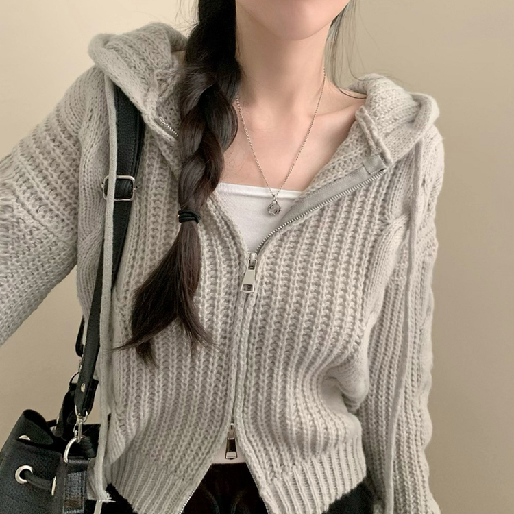 ケーブルニットクロップフードジップアップカーディガン GRAY