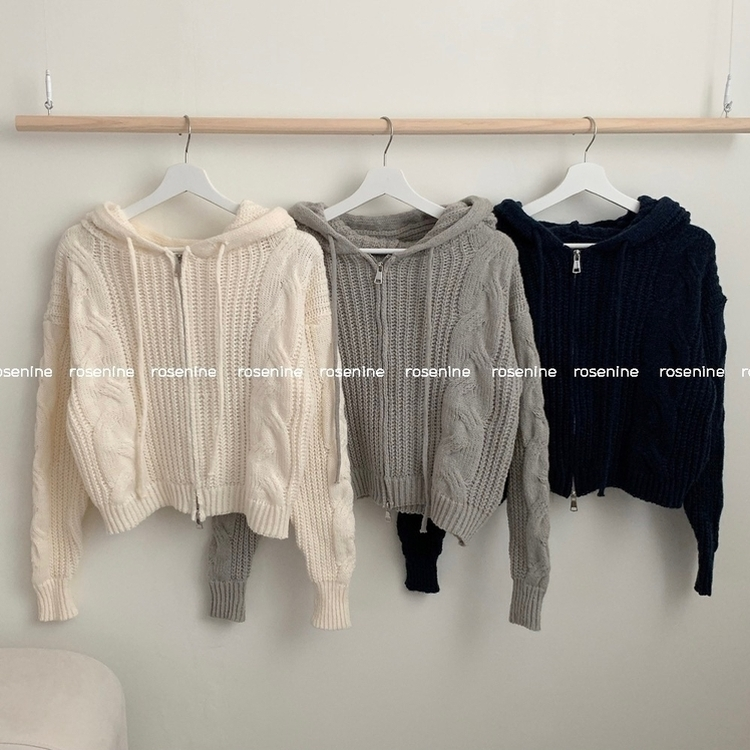 ケーブルニットクロップフードジップアップカーディガン