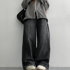 【SHORT/BASIC/LONG 丈別】ウォッシングスナップワイドデニムパンツ BLACK