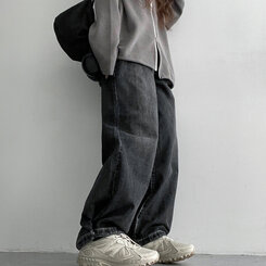 【SHORT/BASIC/LONG 丈別】ウォッシングスナップワイドデニムパンツ BLACK