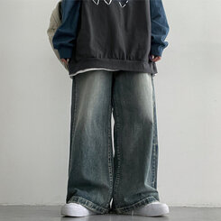 【SHORT/BASIC/LONG 丈別】ウォッシングスナップワイドデニムパンツ BLUE