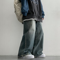 【SHORT/BASIC/LONG 丈別】ウォッシングスナップワイドデニムパンツ BLUE