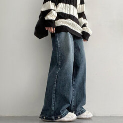 【SHORT/BASIC/LONG 丈別】ウォッシングスナップワイドデニムパンツ DARK BLUE