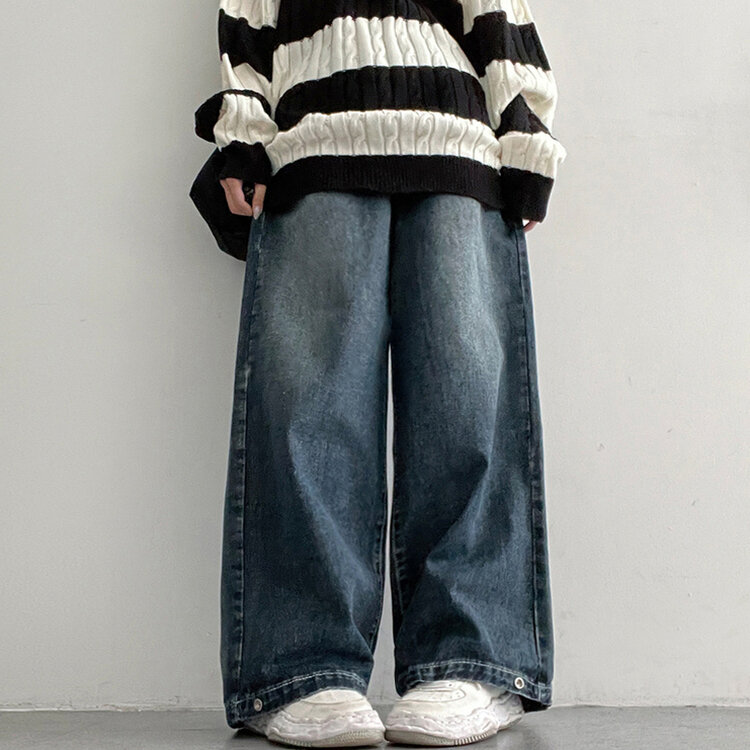 【SHORT/BASIC/LONG 丈別】ウォッシングスナップワイドデニムパンツ DARK BLUE