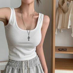 ノースリーブ ベーシックリブUネックタンクトップ WHITE