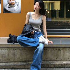 ノースリーブ ベーシックリブUネックタンクトップ GRAY