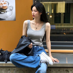 ノースリーブ ベーシックリブUネックタンクトップ GRAY