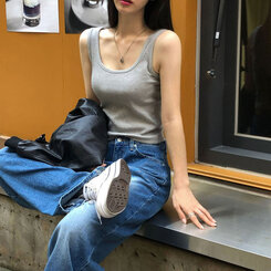 ノースリーブ ベーシックリブUネックタンクトップ GRAY