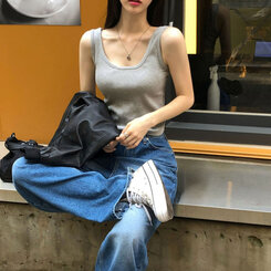 ノースリーブ ベーシックリブUネックタンクトップ GRAY