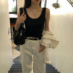 ノースリーブ ベーシックリブUネックタンクトップ BLACK