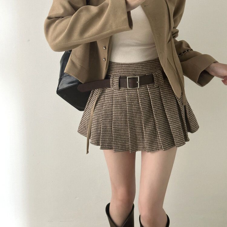pium レザーベルトチェックプリーツミニスカート ブラウンチェック pium レザーベルトチェックプリーツスカート ブラウンチェック