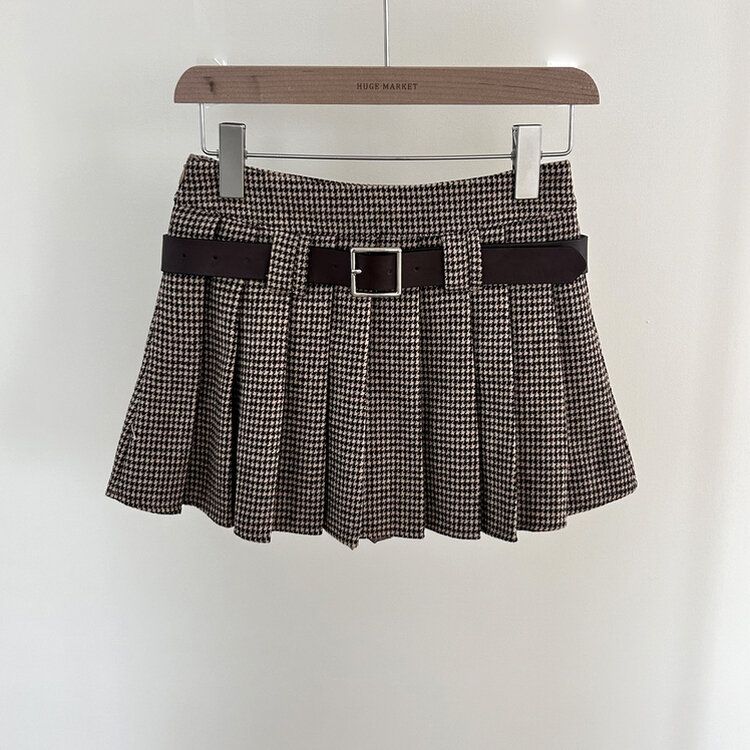レザーベルトチェックプリーツミニスカート レザーベルトチェックプリーツミニスカート – pium