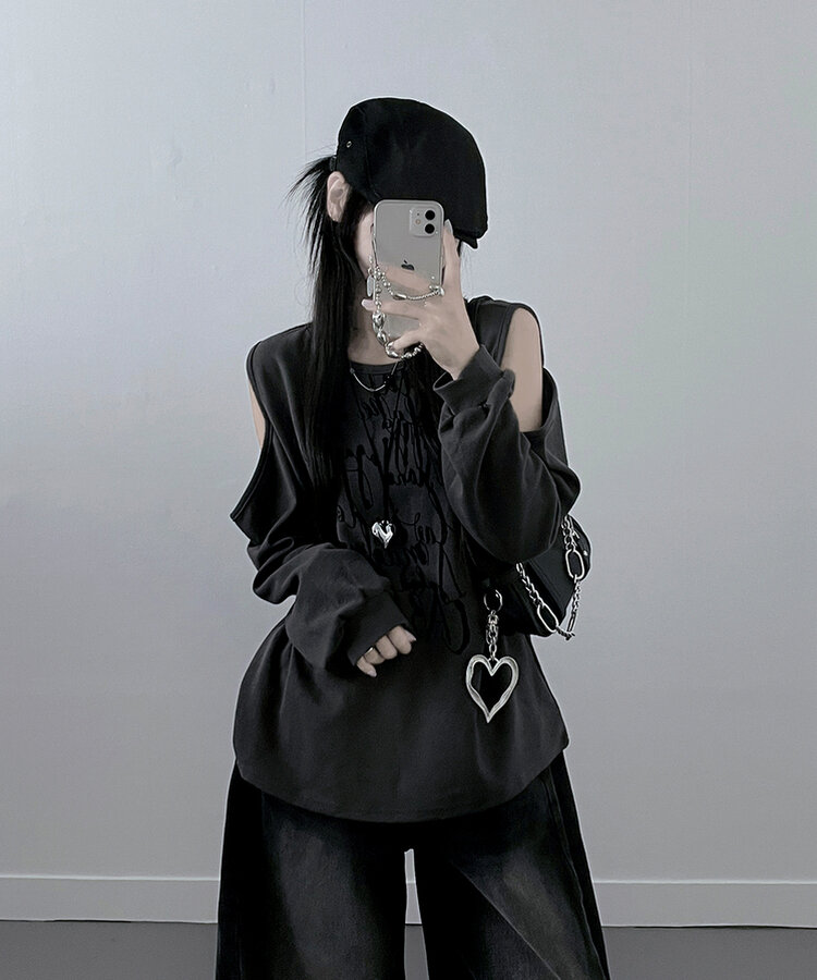 아트레터링숄더컷팅오프숄더맨투맨 먹색