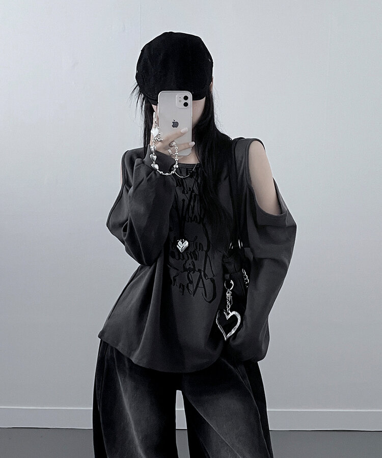 아트레터링숄더컷팅오프숄더맨투맨 먹색