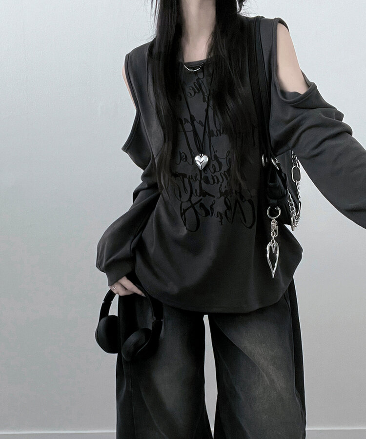 아트레터링숄더컷팅오프숄더맨투맨 먹색