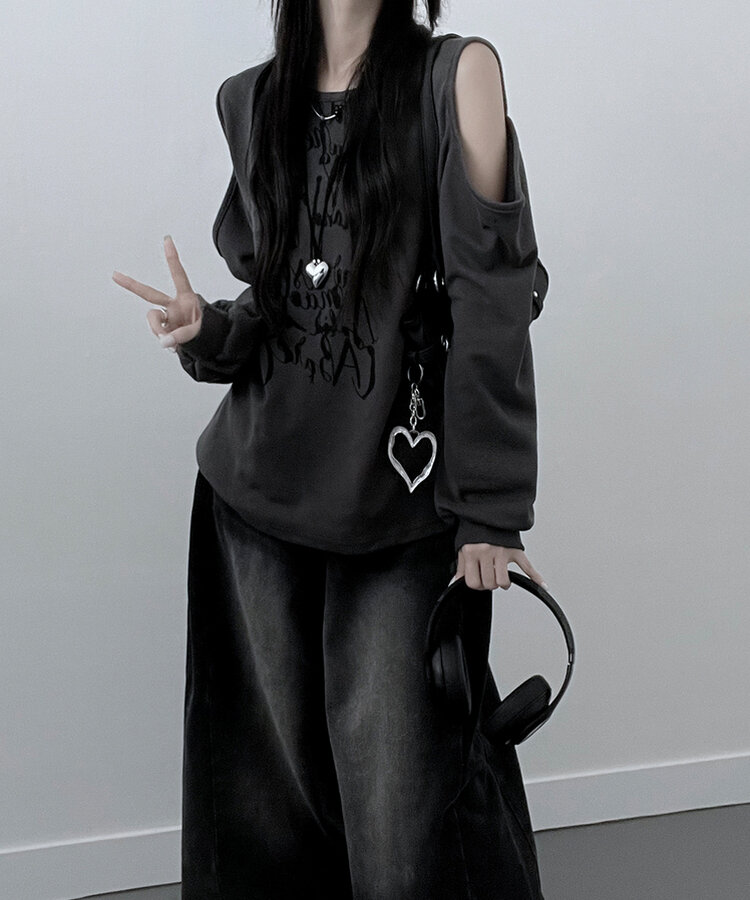 아트레터링숄더컷팅오프숄더맨투맨 먹색