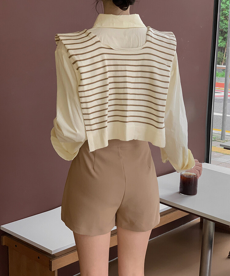 【SET】シャツ+ボーダーショルダーショールマフラー BEIGE