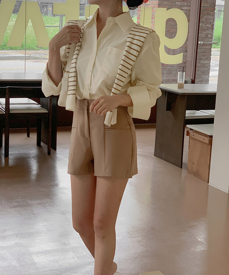 【SET】シャツ+ボーダーショルダーショールマフラー BEIGE