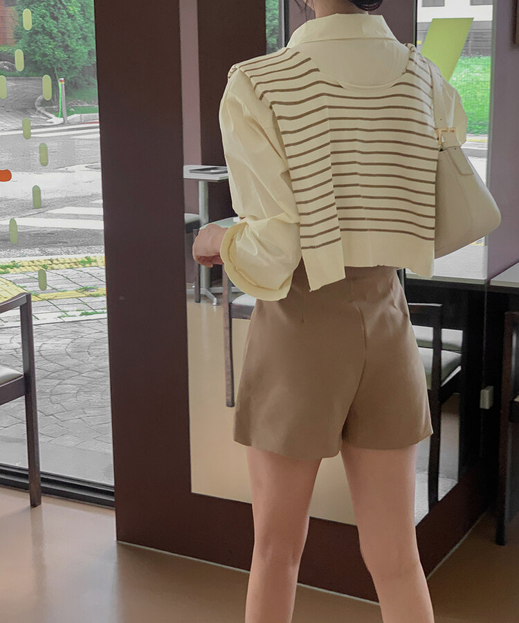 【SET】シャツ+ボーダーショルダーショールマフラー BEIGE