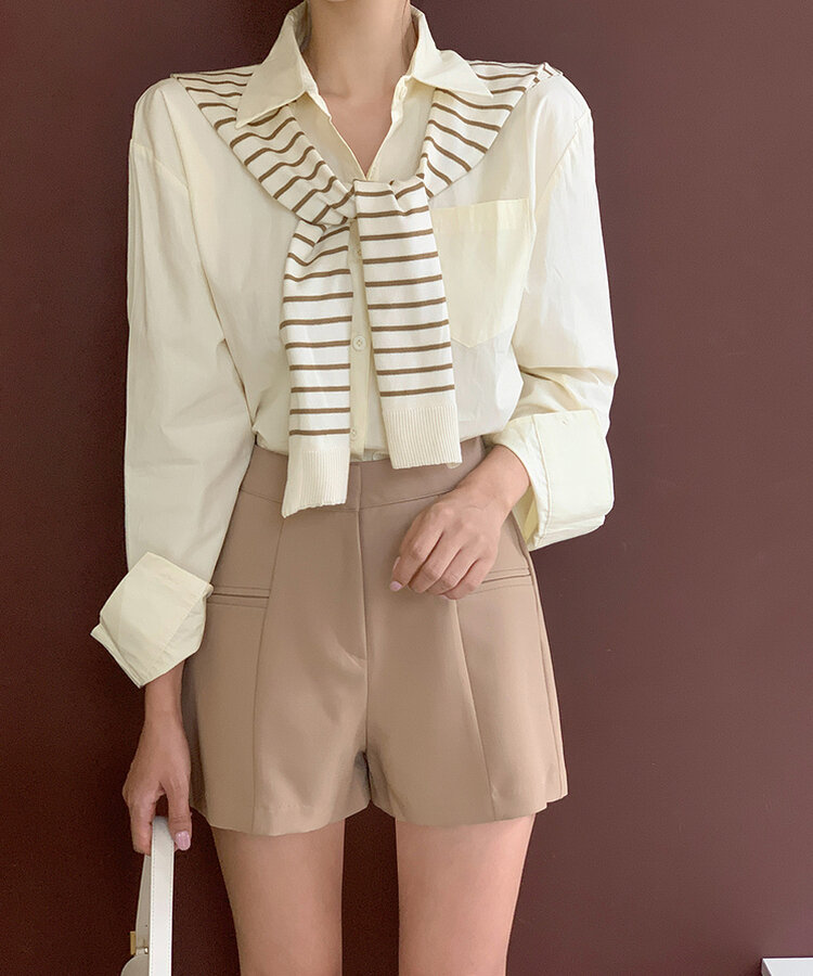 【SET】シャツ+ボーダーショルダーショールマフラー BEIGE