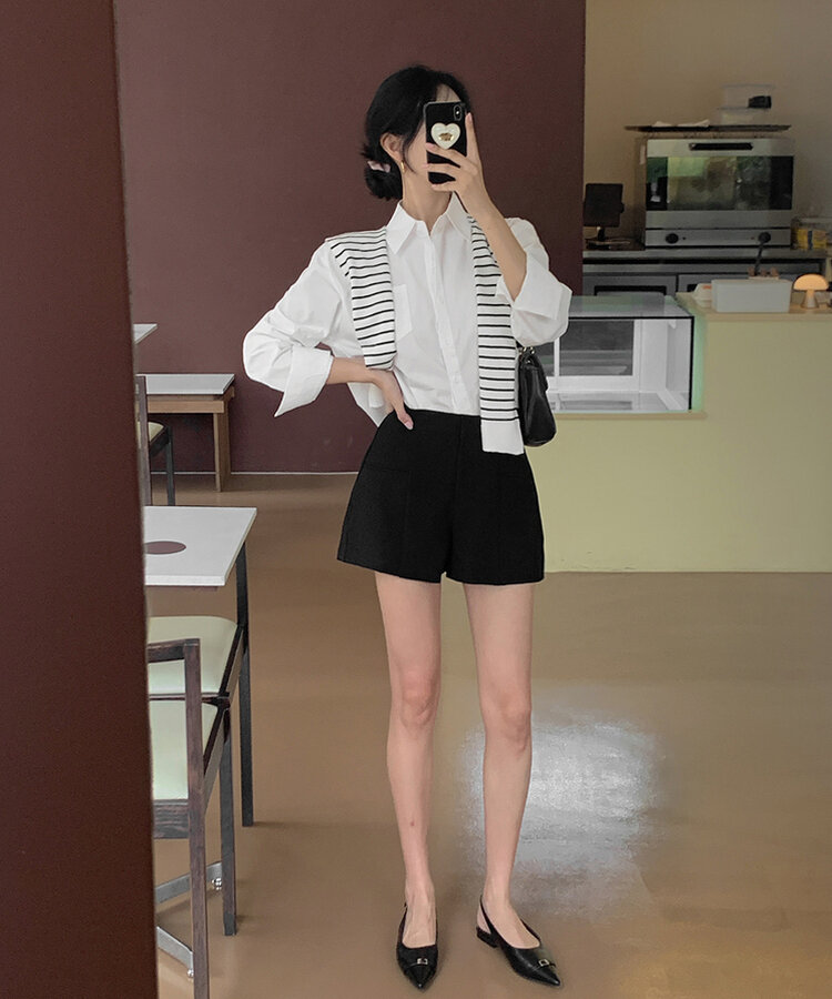 【SET】シャツ+ボーダーショルダーショールマフラー IVORY