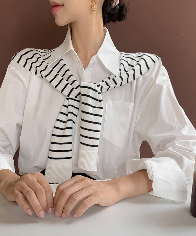 【SET】シャツ+ボーダーショルダーショールマフラー IVORY