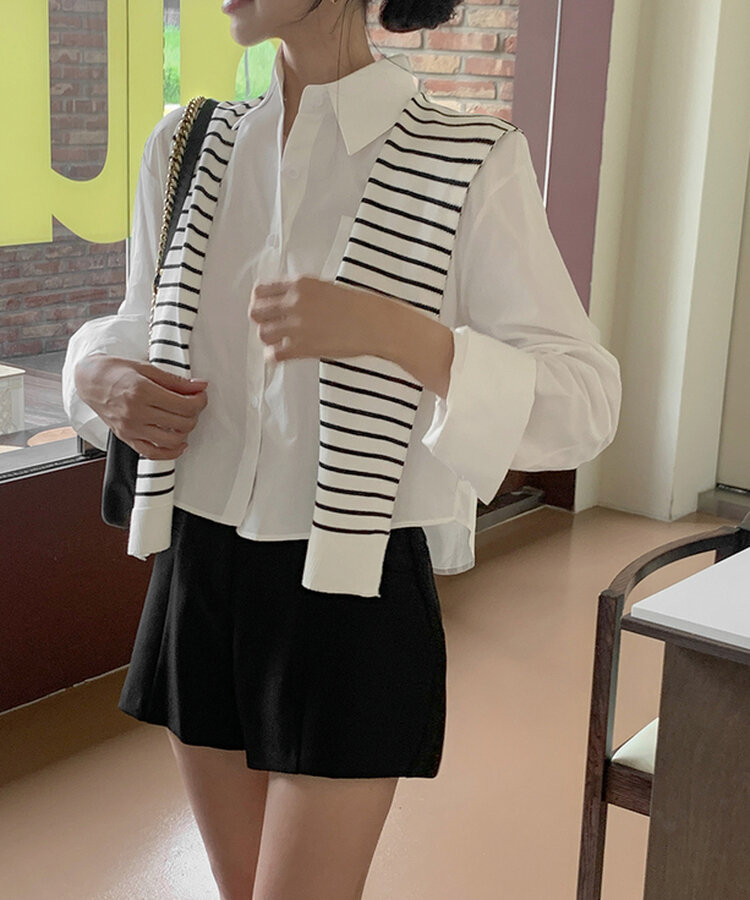 【SET】シャツ+ボーダーショルダーショールマフラー IVORY